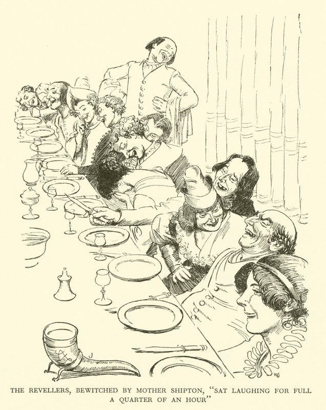 The Revellers, Äiti Shiptonin lumoama, "Sat Laughing for Full a Quarter of An Hour" (kaiverrus) tekijältä Hugh Thomson