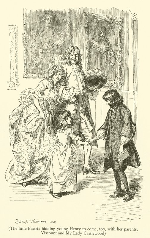 Pikku Beatrix pyytää nuorta Henryä myös vanhempiensa, varakreivi ja My Lady Castlewoodin, kanssa (kaiverrus) tekijältä Hugh Thomson
