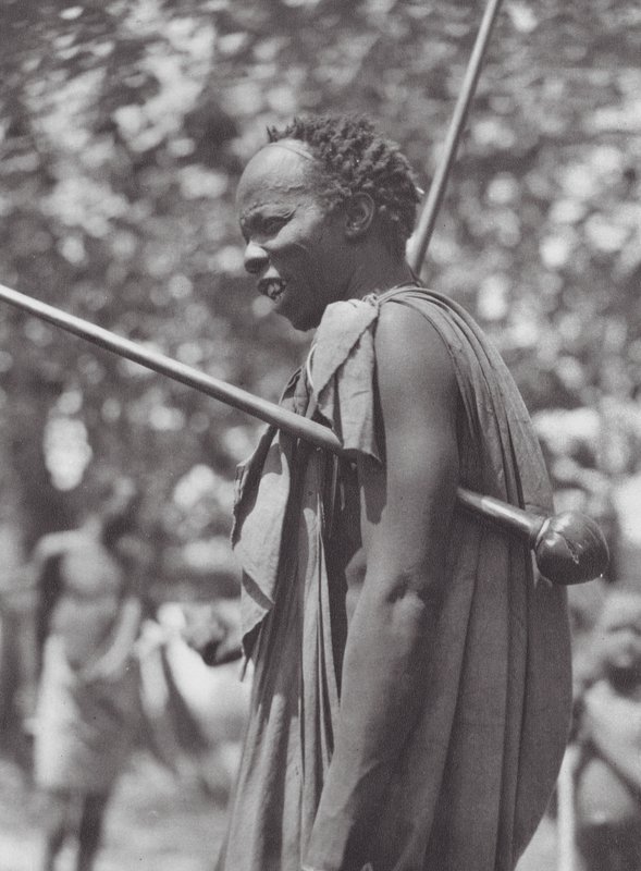 Afrikka: Shilluk-soturi nuijan kanssa (s/w-kuva). tekijältä Hugo Adolf Bernatzik