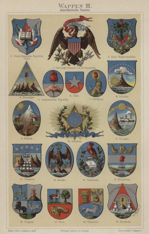 Amerikan maiden vaakunat (väri litho) tekijältä Hugo Gerard (after) Strohl