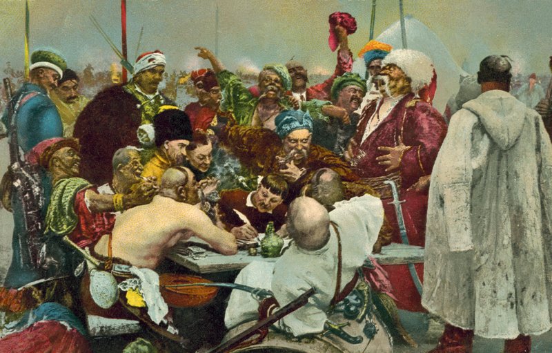 Zaporozhian kasakkojen vastaus Ottomaanien valtakunnan sulttaani Mehmed IV:lle tekijältä Ilya Efimovich after Repin