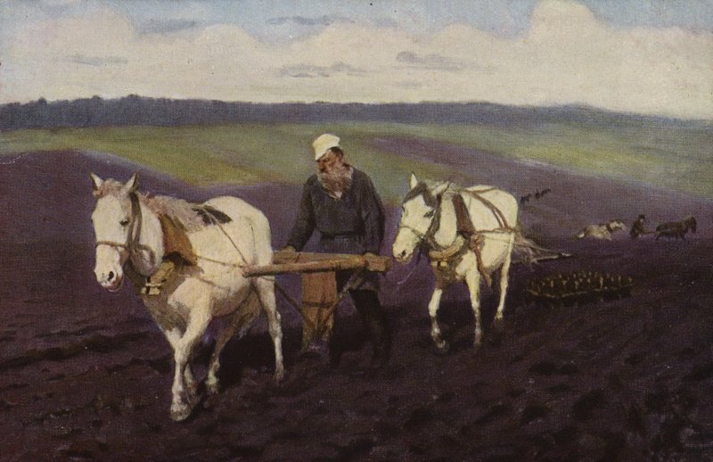 Venäläinen kirjailija Leo Tolstoi kyntämässä pelloilla, v. 1887 tekijältä Ilya Efimovich Repin