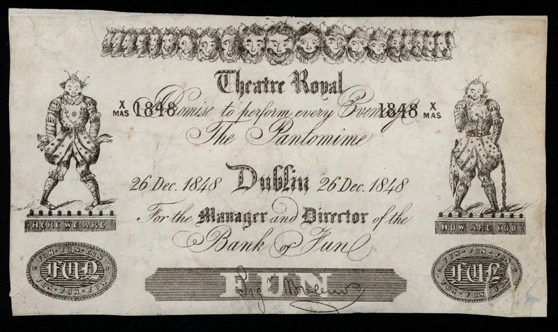 Mainos pantomiimista Theatre Royalissa Dublinissa, joka perustuu Bank of Irelandin seteliin tekijältä Irish School