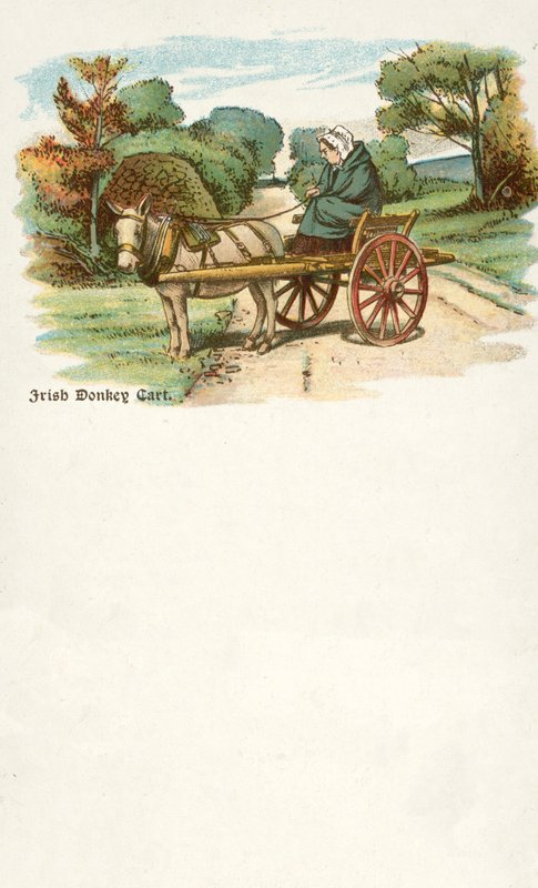 Nainen aasin ja kärryjen kanssa, Irlanti (chromolitho) tekijältä Irish School