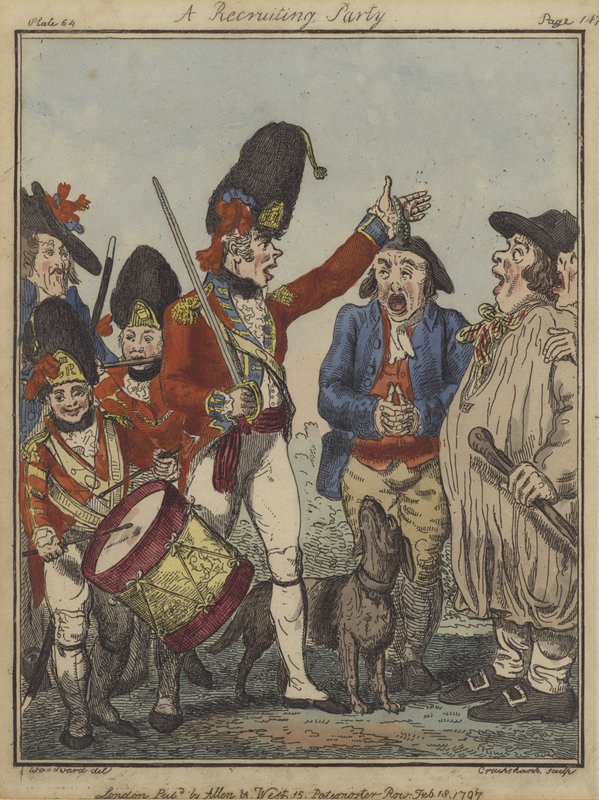 Rekrytointijuhla, 1797 (värillinen etsaus) tekijältä Isaac Robert Cruikshank
