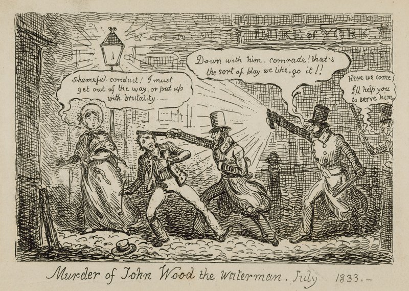Vesimies John Woodin murha, heinäkuu 1833 (kaiverrus). tekijältä Isaac (after) Cruikshank