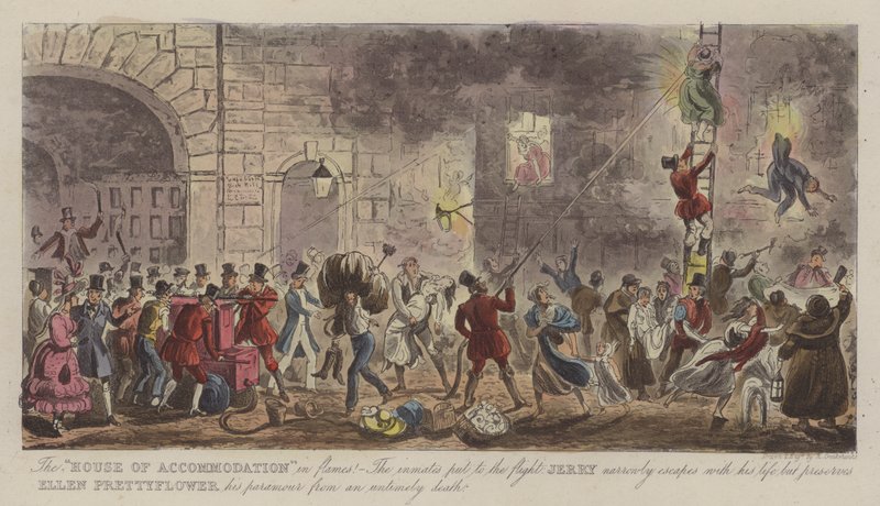 "Majoitustalo" Flamesissa! (värillinen kaiverrus) tekijältä Isaac Robert (after) Cruikshank