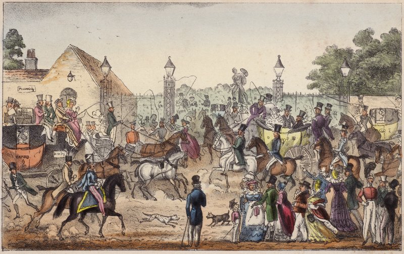 Saapuminen tai läntinen sisäänkäynti Cockney Landiin (värillinen kaiverrus) tekijältä Isaac Robert Cruikshank