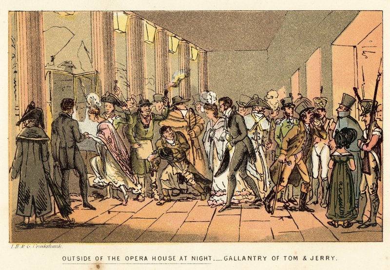 Oopperatalon ulkopuolella yöllä tekijältä Isaac, Robert and George Cruikshank