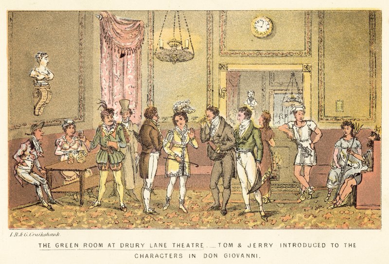 Drury Lane -teatterin vihreä huone tekijältä Isaac, Robert and George Cruikshank