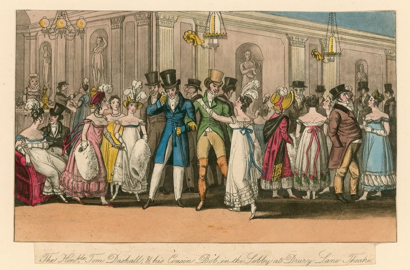 Kunniallinen Tom Dashall ja hänen serkkunsa Bob Drury Lane -teatterin aulassa Lontoossa tekijältä Isaac, Robert and George Cruikshank