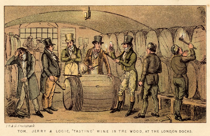 Tom, Jerry ja Logic maistelemassa viiniä metsässä London Docksissa tekijältä Isaac, Robert and George Cruikshank