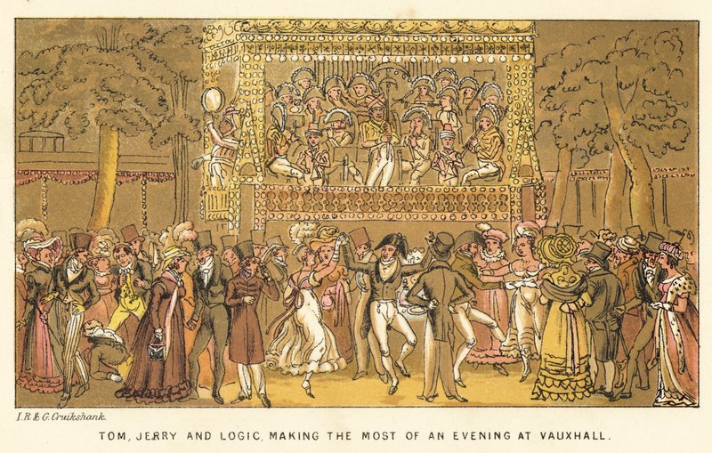 Tom, Jerry ja Logic nauttimassa illasta Vauxhallissa tekijältä Isaac, Robert and George Cruikshank