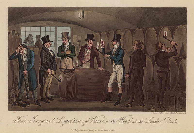 Tom, Jerry ja Logic "maistelevat" viiniä metsässä Lontoon telakoilla tekijältä Isaac, Robert and George Cruikshank