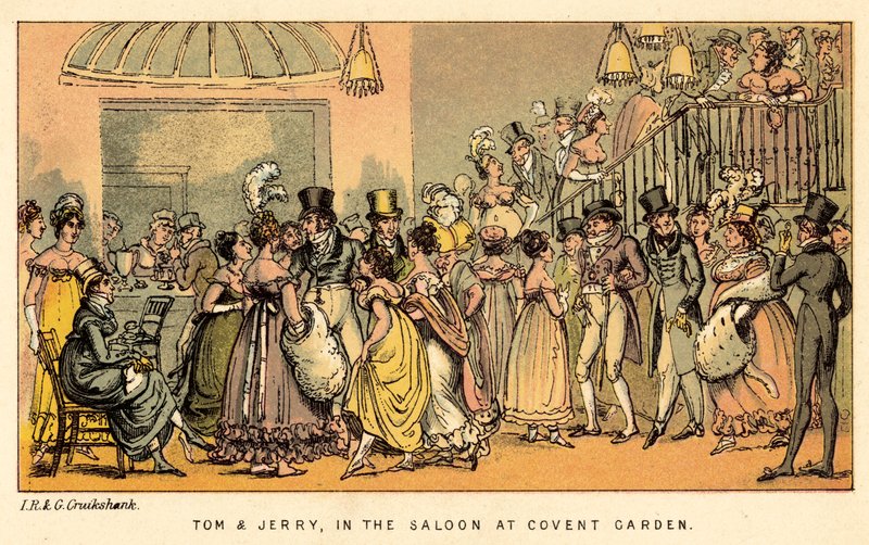 Tom ja Jerry Covent Gardenin salongissa tekijältä Isaac, Robert and George Cruikshank