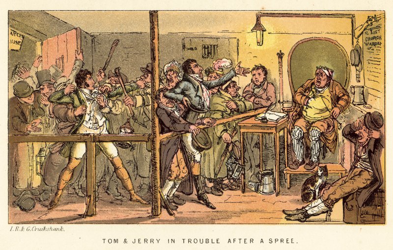 Tom ja Jerry pulassa vaeltamisen jälkeen tekijältä Isaac, Robert and George Cruikshank