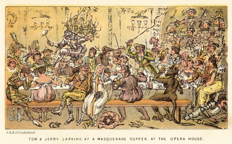 Tom ja Jerry hehkuttavat naamiaisillallista oopperatalossa tekijältä Isaac, Robert and George Cruikshank