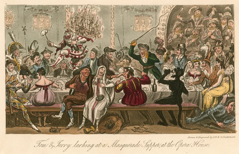 Tom ja Jerry hehkumassa naamiaisillallisella Lontoon oopperatalossa tekijältä Isaac, Robert and George Cruikshank
