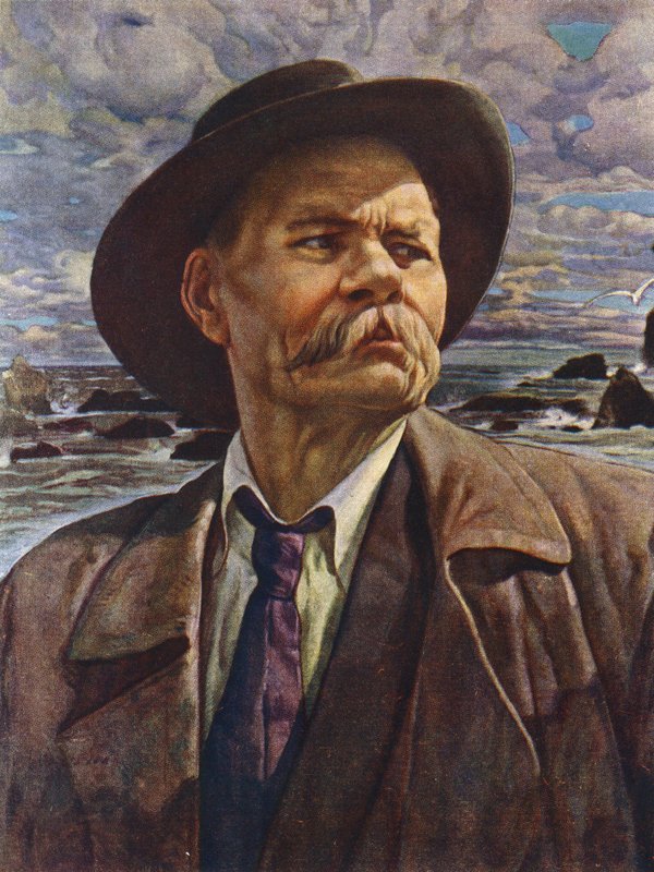 Venäläisen kirjailijan Maksim Gorkin muotokuva (värilitho) tekijältä Isaak Israilevich (after) Brodsky