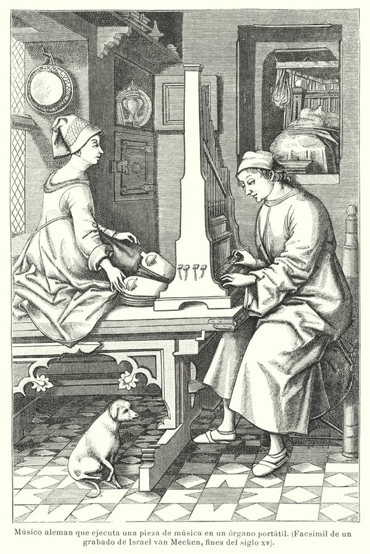 Saksalainen muusikko soittamassa kannettavaa urkua, 1400-luvun lopulla (litho) tekijältä Israel van (after) Mecken