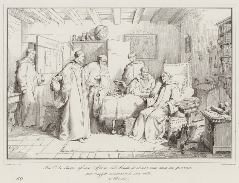 Fra Paolo Sarpi hylkää senaatin tarjouksen asua taloon aukiolla henkensä tähden, 1607 tekijältä Italian School