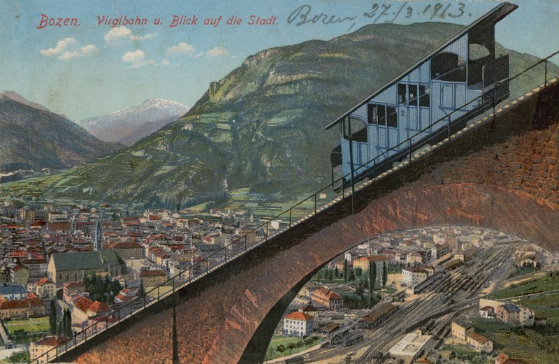 Bolzano - köysirata ja näkymä kaupunkiin. Postikortti lähetetty 1913. tekijältä Italian Photographer