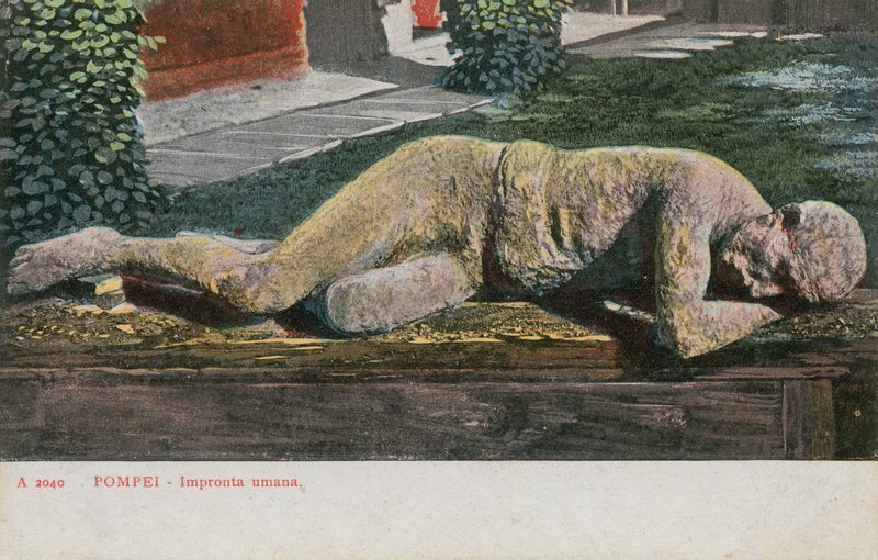 Jäätynyt ihminen Pompejin museossa. Postikortti lähetetty 1913. tekijältä Italian Photographer
