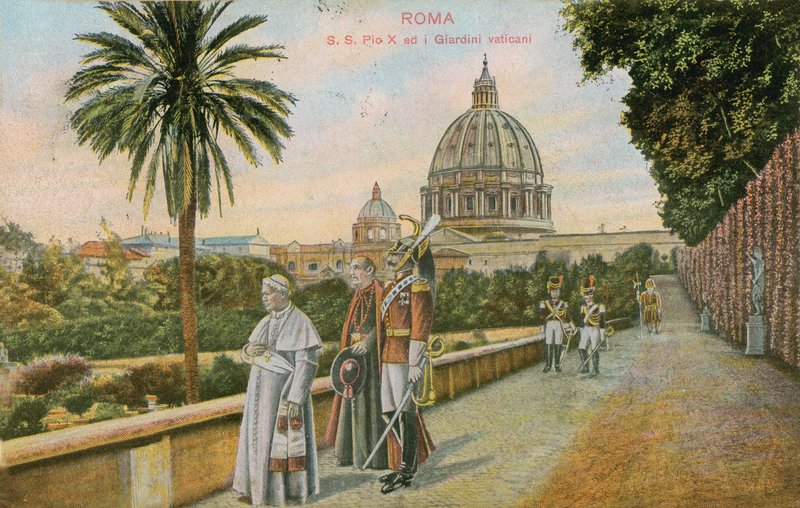 Paavi Pius X Vatikaanin puutarhoissa, Roomassa. Postikortti lähetetty 1913. tekijältä Italian Photographer