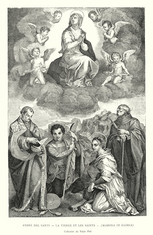 Andre del Sarte, Neitsyt ja pyhät, Madonna Gloriassa, Pitti Palace Collection (kaiverrus) tekijältä Italian School