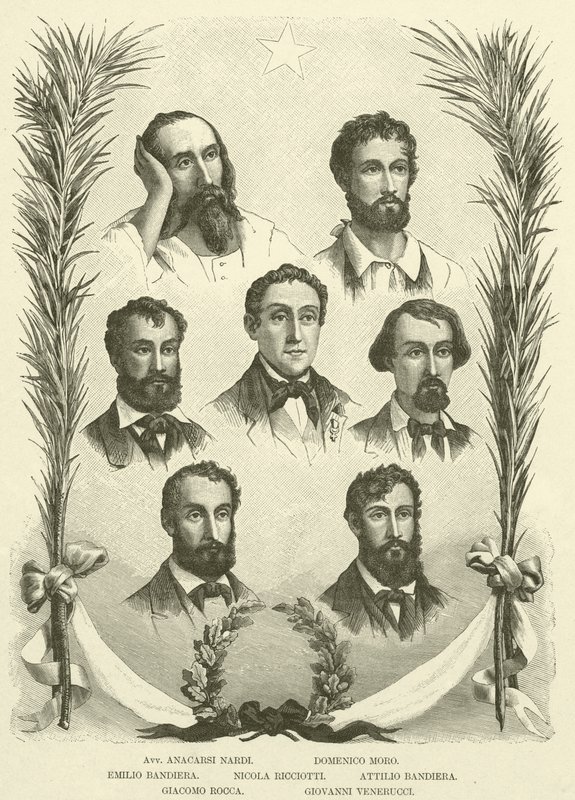 Avv Anacarsi Nardi, Domenico Moro, Emilio Bandiera, Nicola Ricciotti, Attilio Bandiera, Giacomo Rocca, Giovanni Venerucci (kaiverrus) tekijältä Italian School