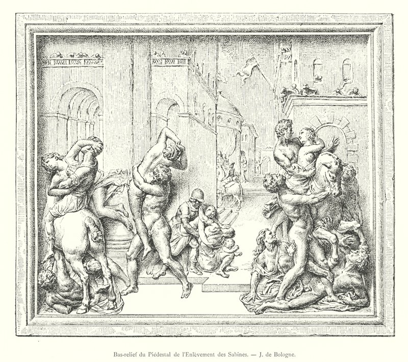 Sabiinien sieppauksen jalustan bareljeifi, J of Bologna (kaiverrus) tekijältä Italian School
