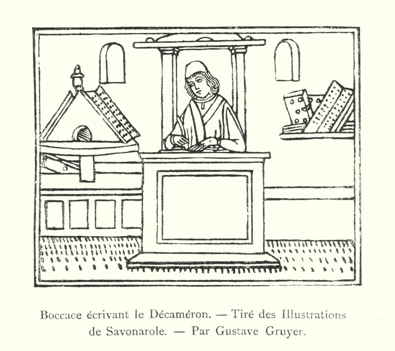 Boccaccio kirjoittaa dekameronia, Savonarolan kuvituksista, Gustave Gruyer (kaiverrus) tekijältä Italian School