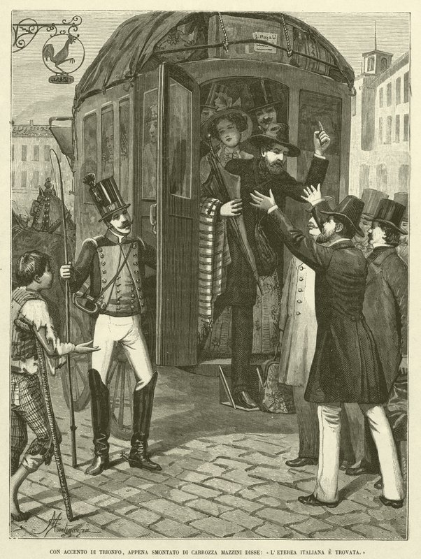 Carrozza Mazzini Saidin juuri purkamassa voiton korostuksella "The Italian Ethereal and Found" (kaiverrus) tekijältä Italian School