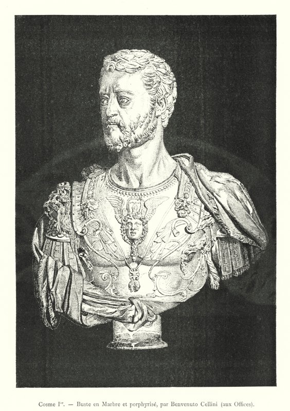 Cosimo I, rintakuva marmorissa ja porfyyrissä, kirjoittanut Benvenuto Cellini, Uffizissa (kaiverrus) tekijältä Italian School