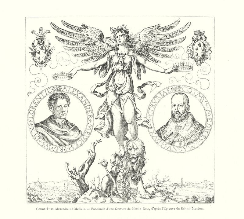 Cosimo I ja Alexander de Medici, faksimile Martin Rotan kaiverruksesta British Museum -vedoksen jälkeen (kaiverrus) tekijältä Italian School