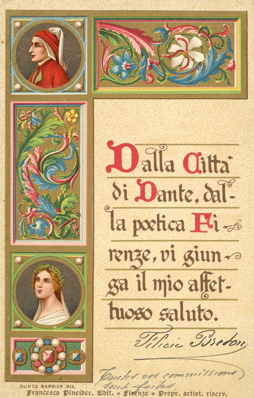 Dante, Beatrice, Jumalallinen komedia (värilitografia) tekijältä Italian School