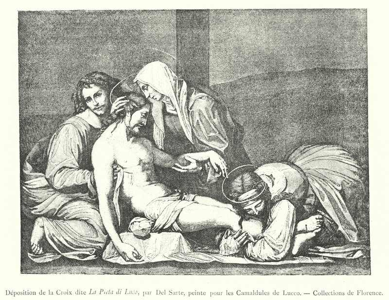 La Pieta di Luco -nimisenä tunnettu ristin laskeuma, Del Sarte, maalattu Luccon kamaldolille, Firenzen kokoelmat (kaiverrus) tekijältä Italian School