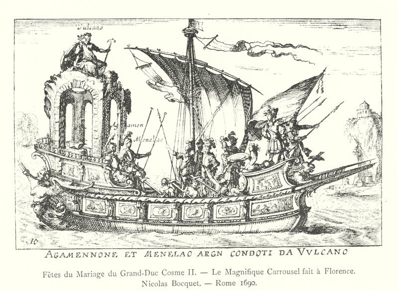 Suurherttua Cosimo II:n hääjuhlat, Firenzessä valmistettu upea karuselli, Nicolas Bocquet, Rooma 1690 (kaiverrus) tekijältä Italian School