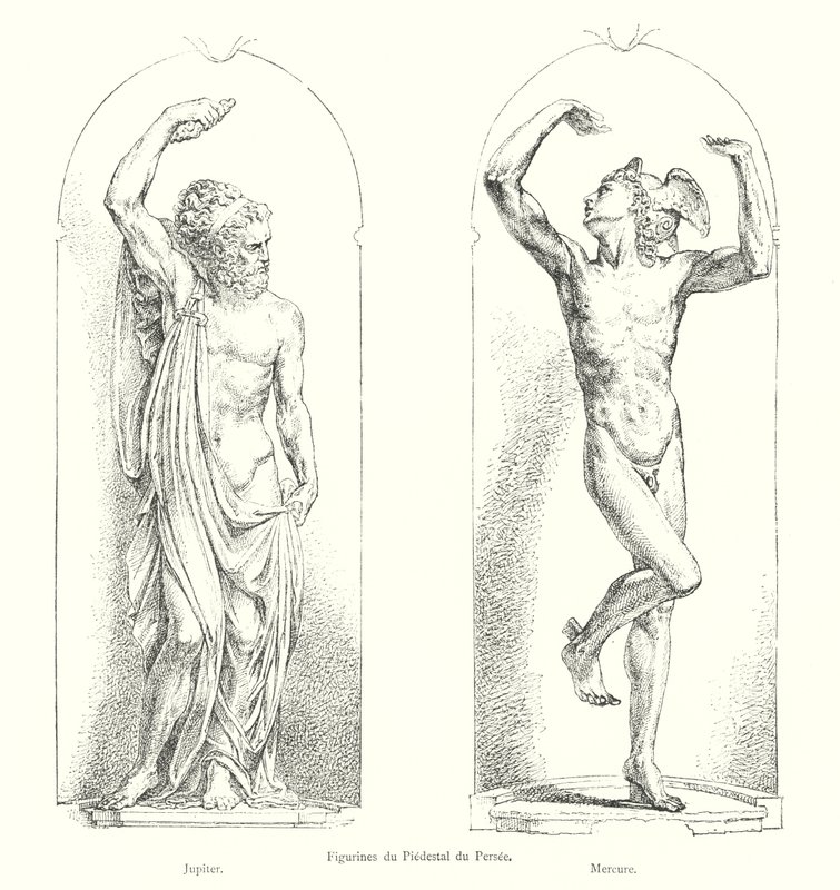 Perseuksen jalustan hahmot, Jupiter, Merkurius (kaiverrus) tekijältä Italian School