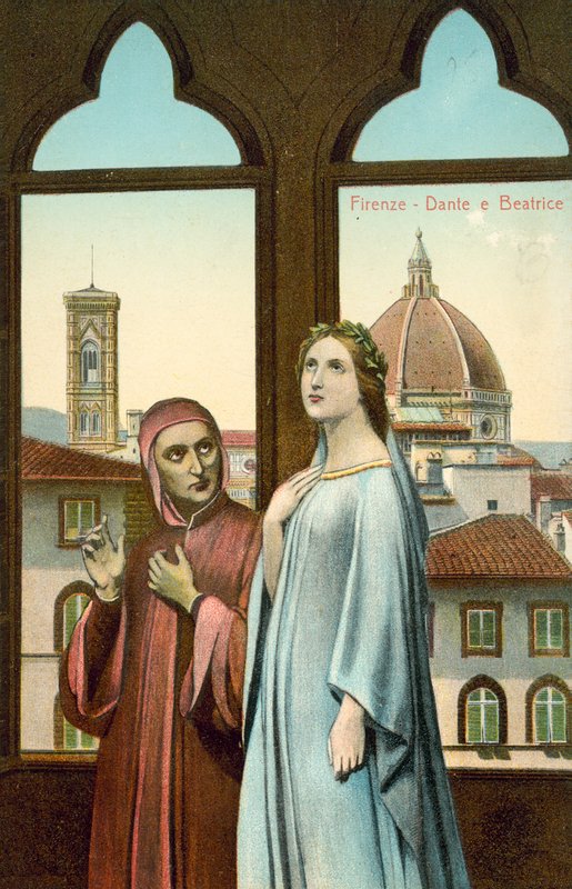 Firenze, Dante ja Beatrice (värilitografia) tekijältä Italian School