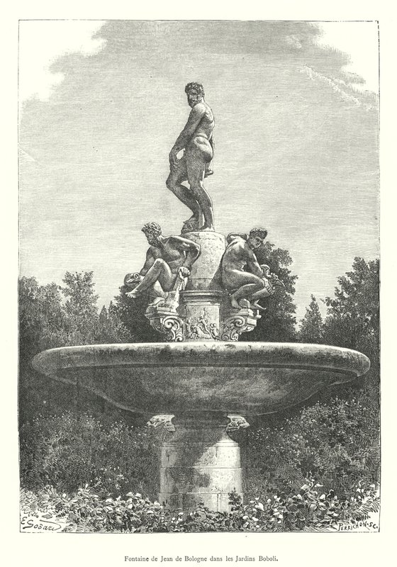 Jean de Bolognan suihkulähde Bobolin puutarhassa (kaiverrus) tekijältä Italian School