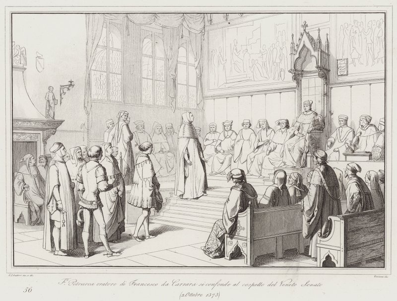 Francesco da Carraran puhuja Francesco Petrarca on hämmentynyt Veneton senaatin läsnäollessa tekijältä Italian School