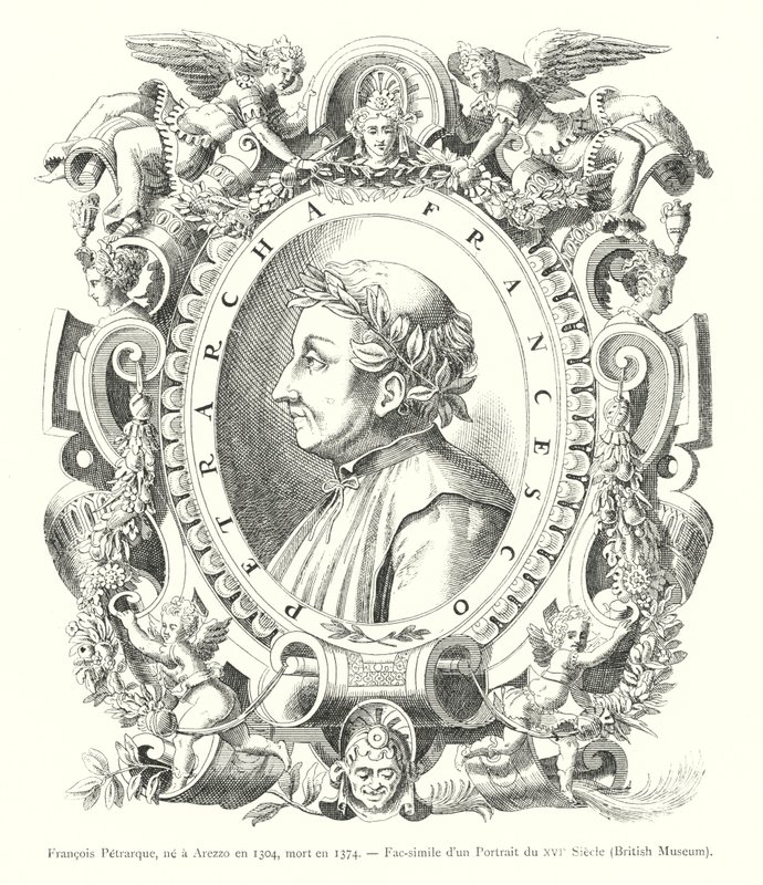 Francois Petrarque, syntynyt Arezzossa vuonna 1304, kuollut vuonna 1374, faksimile 1500-luvun muotokuvasta, British Museum (kaiverrus) tekijältä Italian School