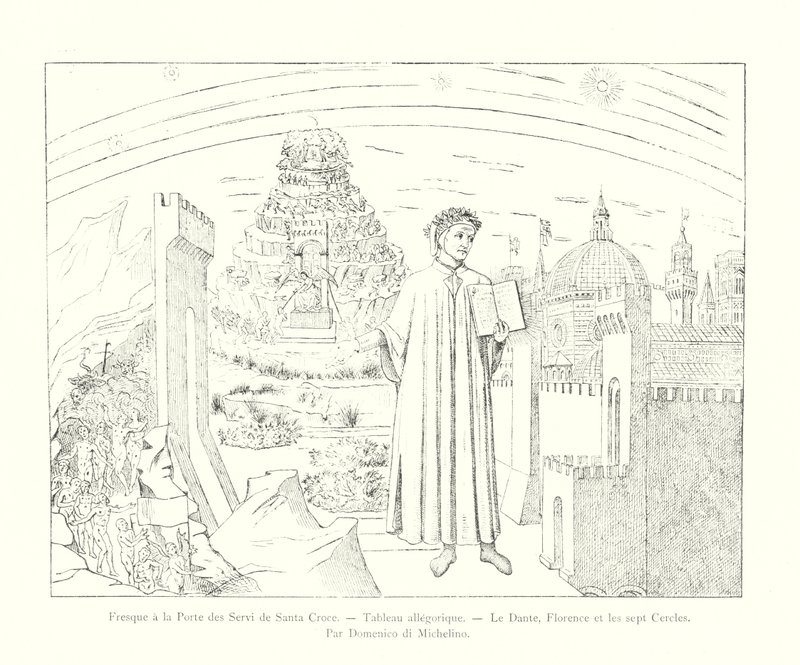 Fresko Santa Crocen servin ovella, allegorinen maalaus, Dante, Firenze ja seitsemän ympyrää, Domenico di Michelino (kaiverrus) tekijältä Italian School