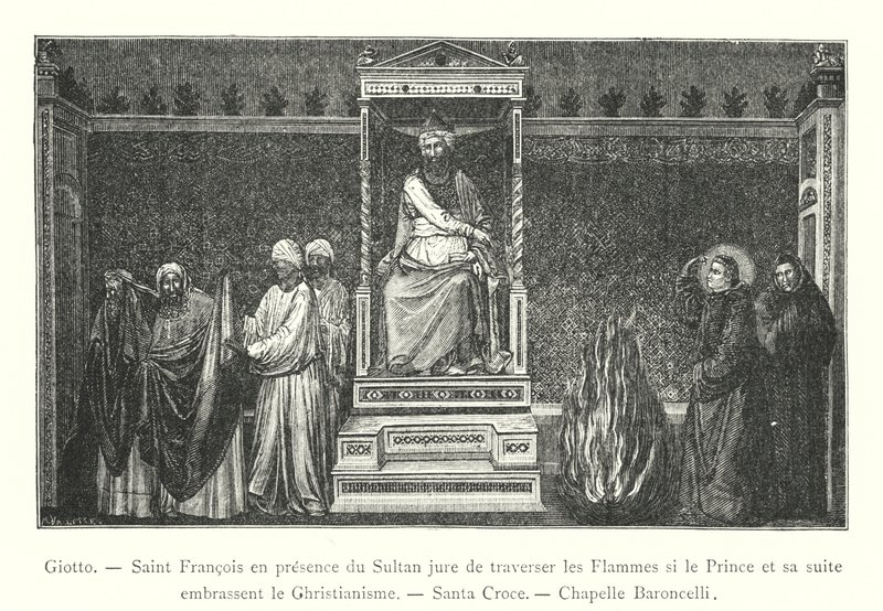 Giotto, pyhä Franciscus sulttaanin läsnäollessa vannoo ylittävänsä liekit, jos prinssi ja hänen seuransa omaksuvat kristinuskon, Santa Croce, Baroncelli-kappeli (kaiverrus) tekijältä Italian School