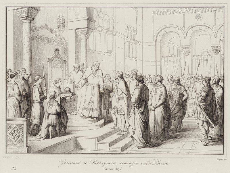 Giovanni II Partecipazio luopuu herttuakunnasta, 887 (kaiverrus) tekijältä Italian School