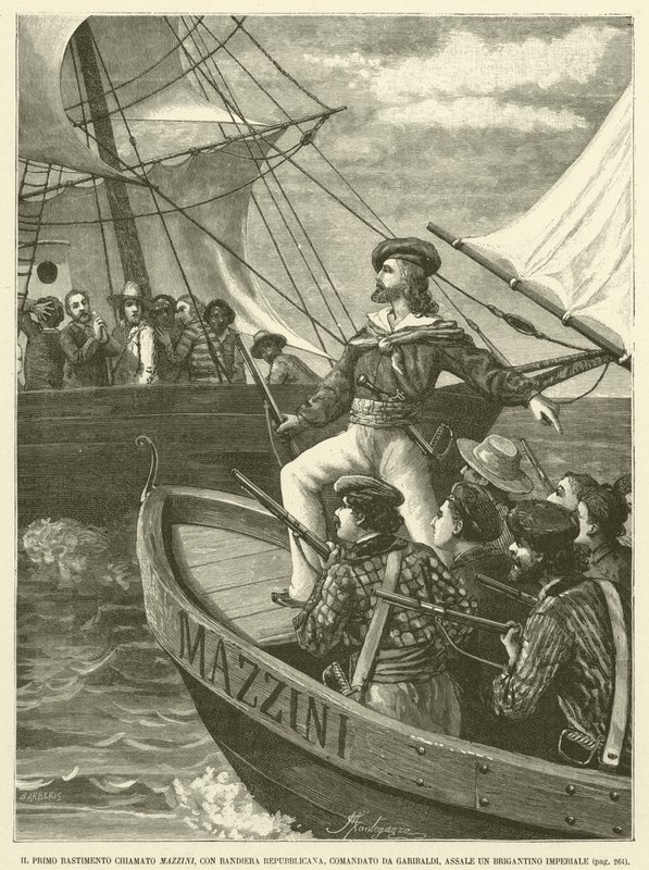 Ensimmäinen telakka nimeltä Mazzini, republikaanien lippu, Garibaldin komentaja, Assale An Imperial Brigantion (kaiverrus) tekijältä Italian School