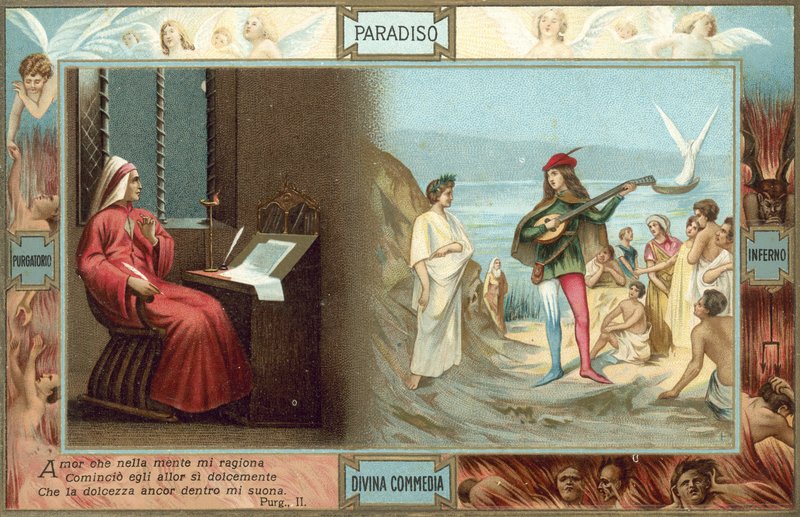 Kuvitus Danten teokseen "Jumalainen komedia" (värilitografia). tekijältä Italian School