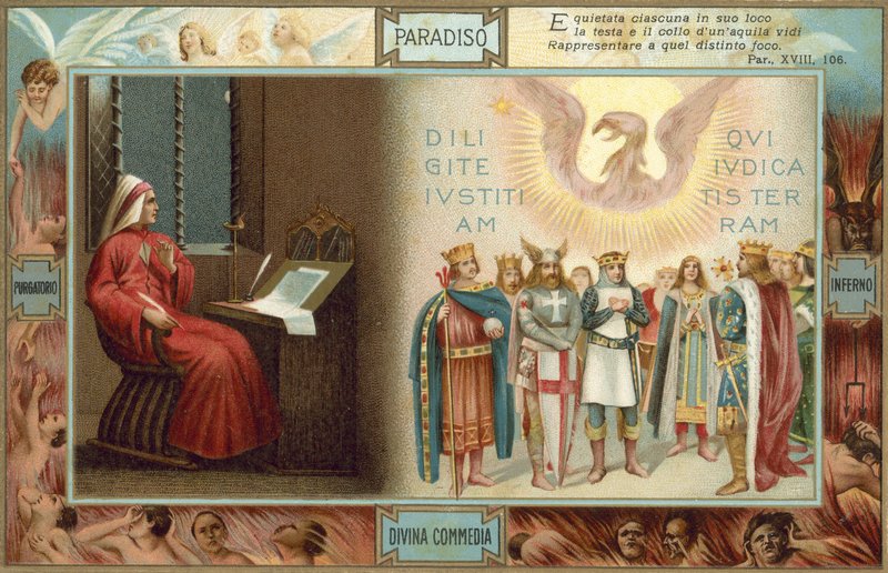 Kuvitus Danten teokseen "Jumalainen komedia" (värilitografia). tekijältä Italian School