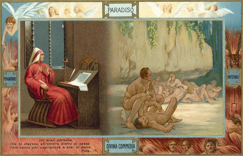 Kuvitus Danten teokseen "Jumalainen komedia" (värilitografia). tekijältä Italian School
